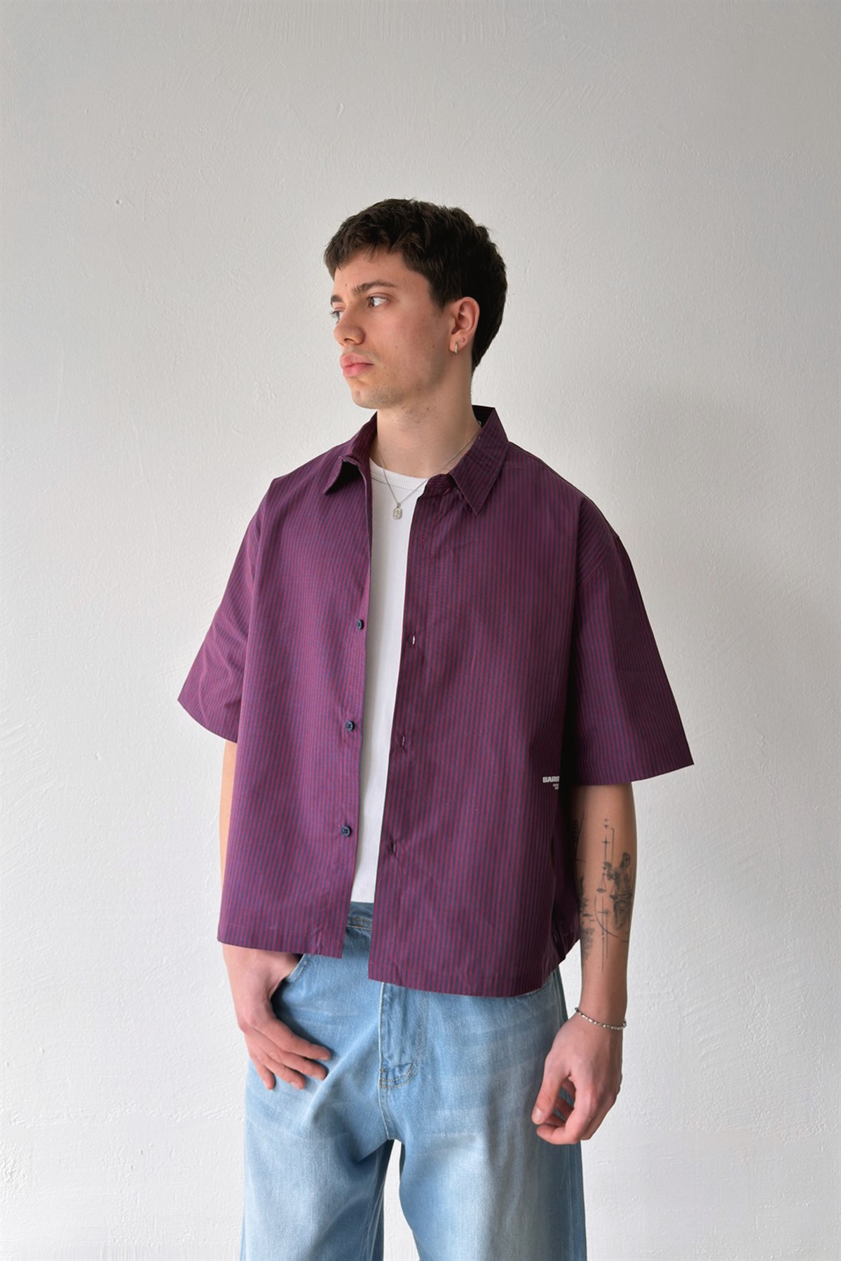 Barblock Baskılı Çizgili Kırmızı Poplin Crop Gömlek