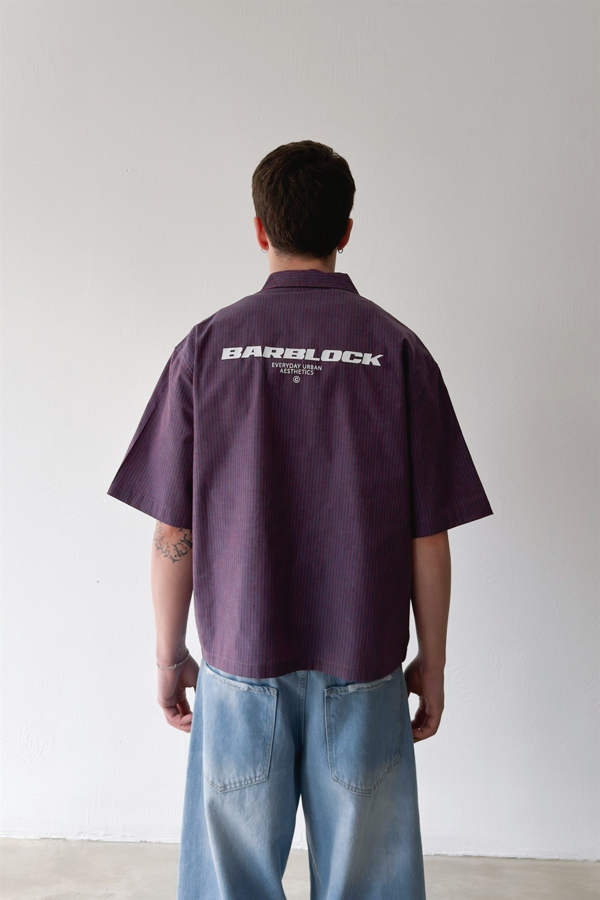 Barblock Baskılı Çizgili Mor Poplin Crop Gömlek