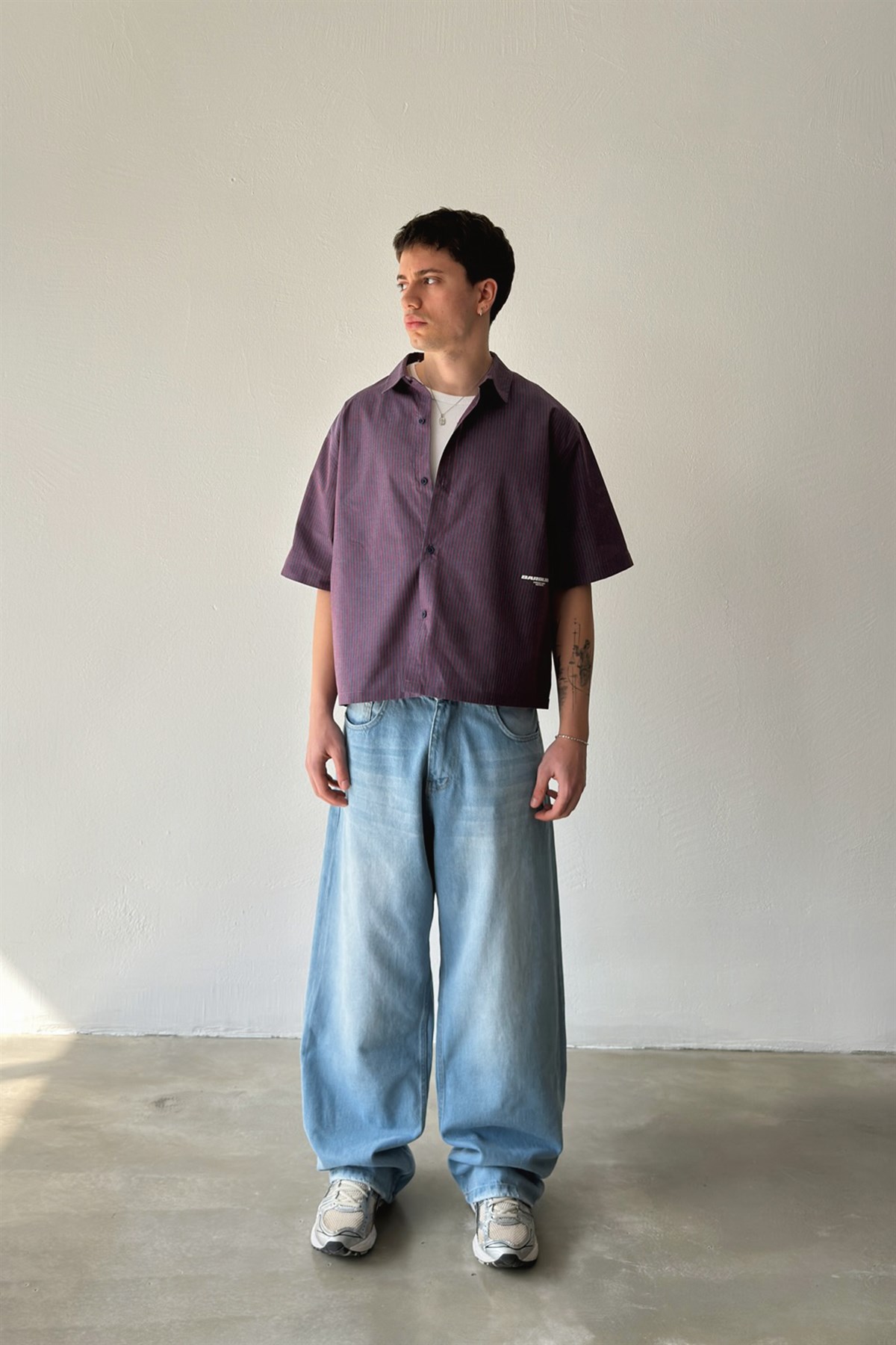 Barblock Baskılı Çizgili Mor Poplin Crop Gömlek