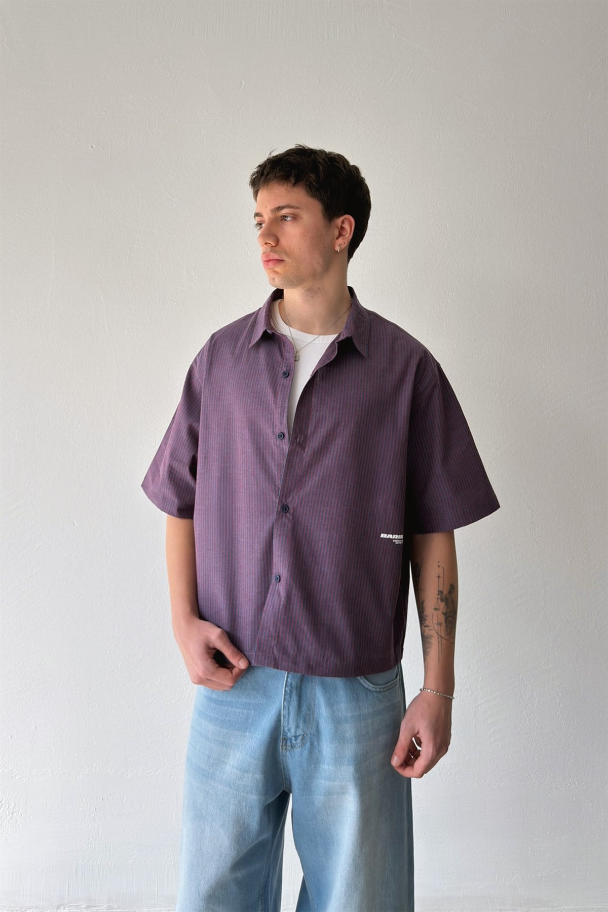 Barblock Baskılı Çizgili Mor Poplin Crop Gömlek