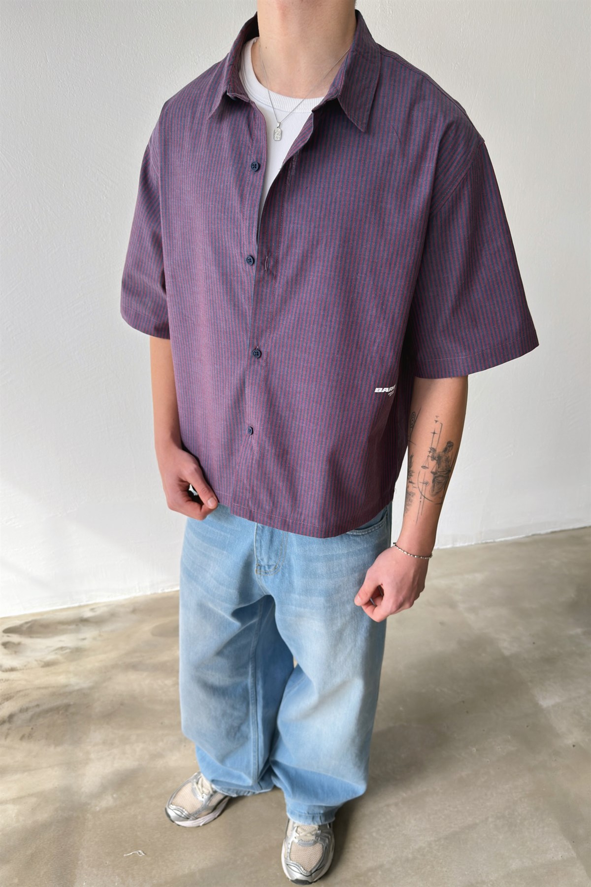 Barblock Baskılı Çizgili Mor Poplin Crop Gömlek