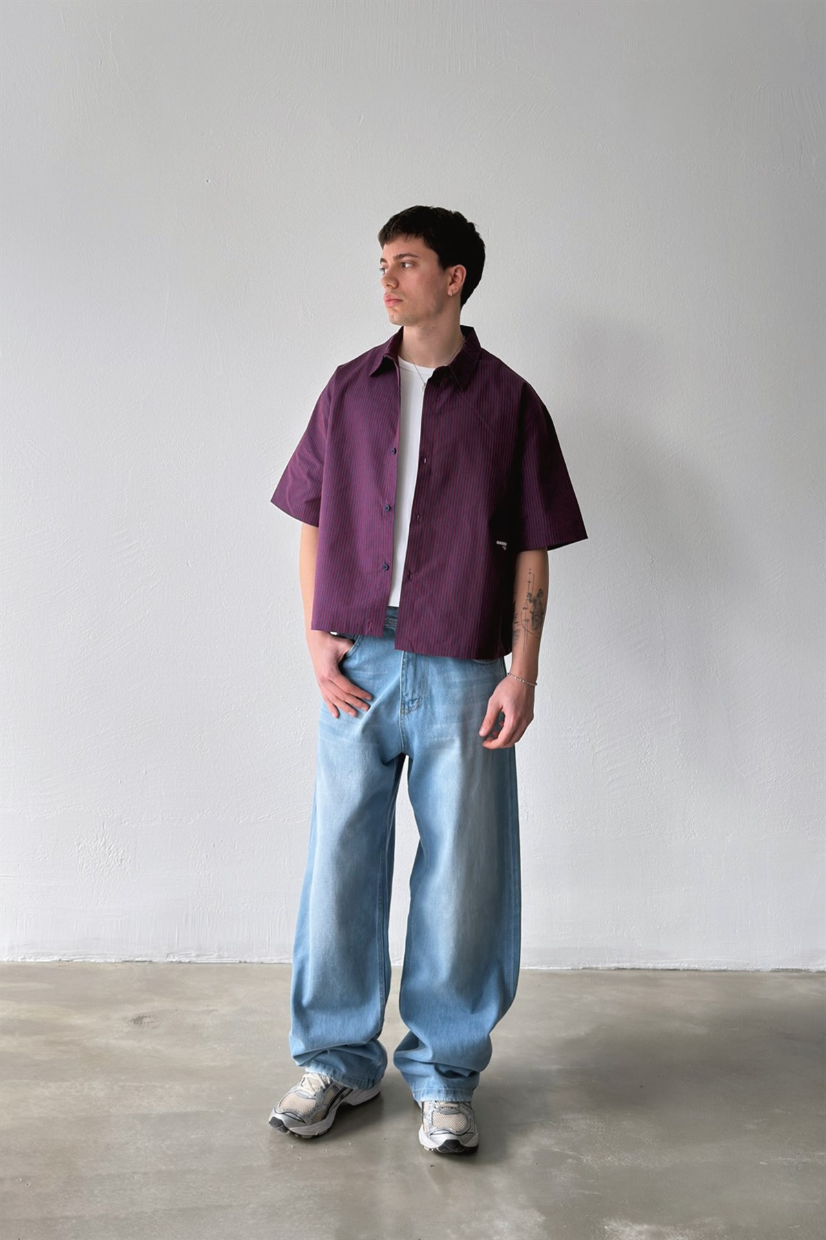 Barblock Baskılı Çizgili Kırmızı Poplin Crop Gömlek