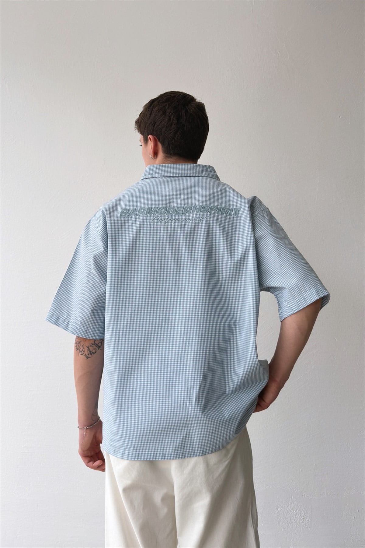 Barmodern Spirit Nakışlı Ekose Oversize Mavi Poplin Gömlek