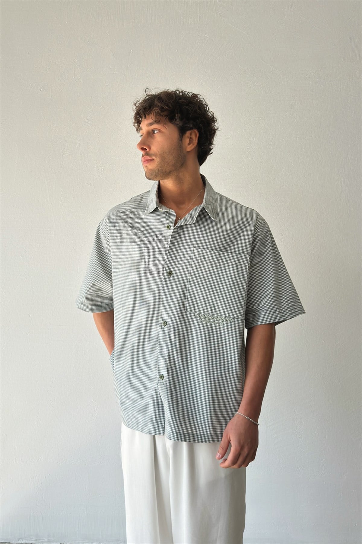 Barmodern Spirit Nakışlı Ekose Yeşil Poplin Oversize Gömlek