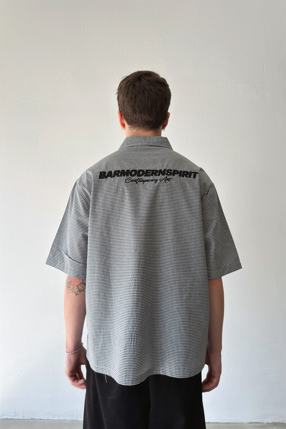 Barmodern Spirit Nakışlı Ekose Oversize Siyah Poplin Gömlek