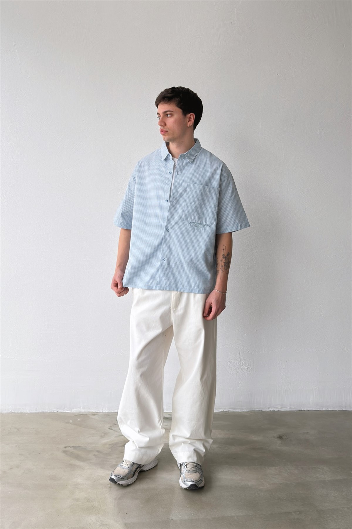 Barmodern Spirit Nakışlı Ekose Oversize Mavi Poplin Gömlek