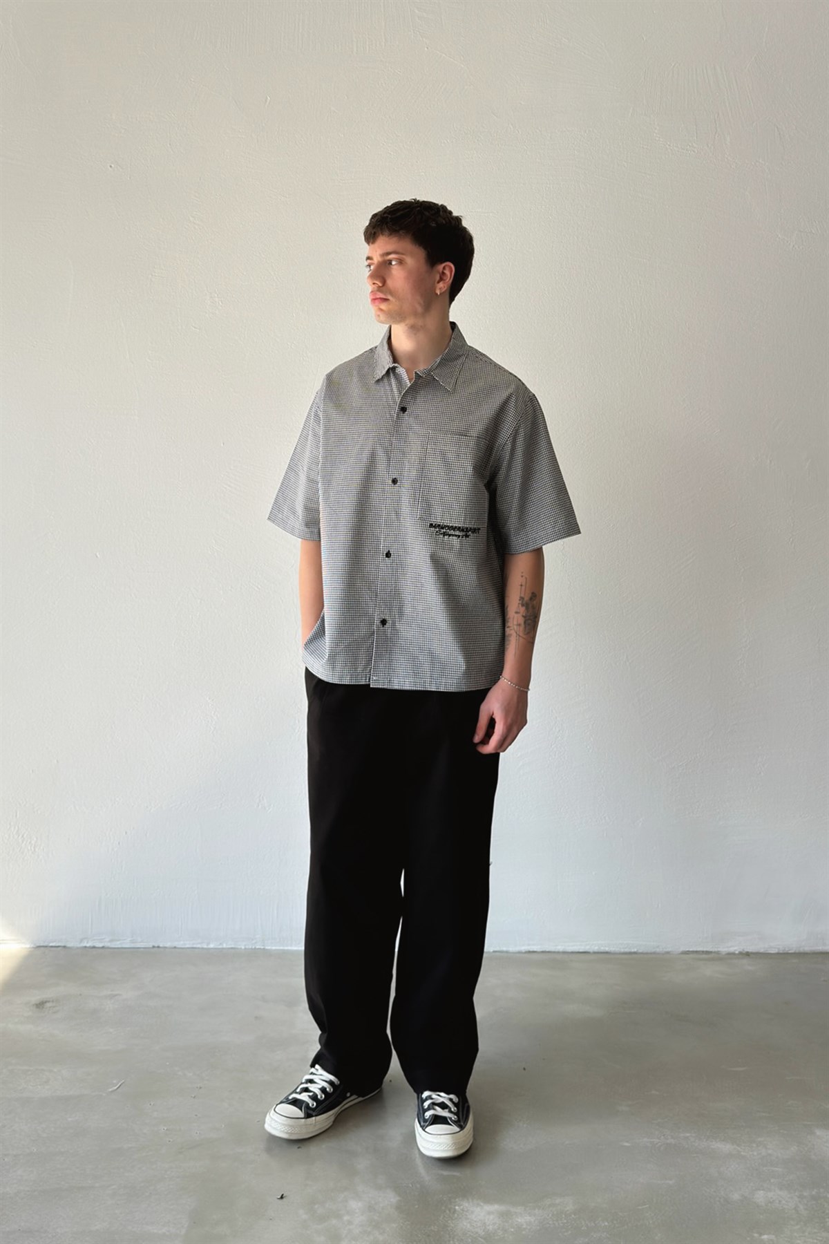 Barmodern Spirit Nakışlı Ekose Oversize Siyah Poplin Gömlek