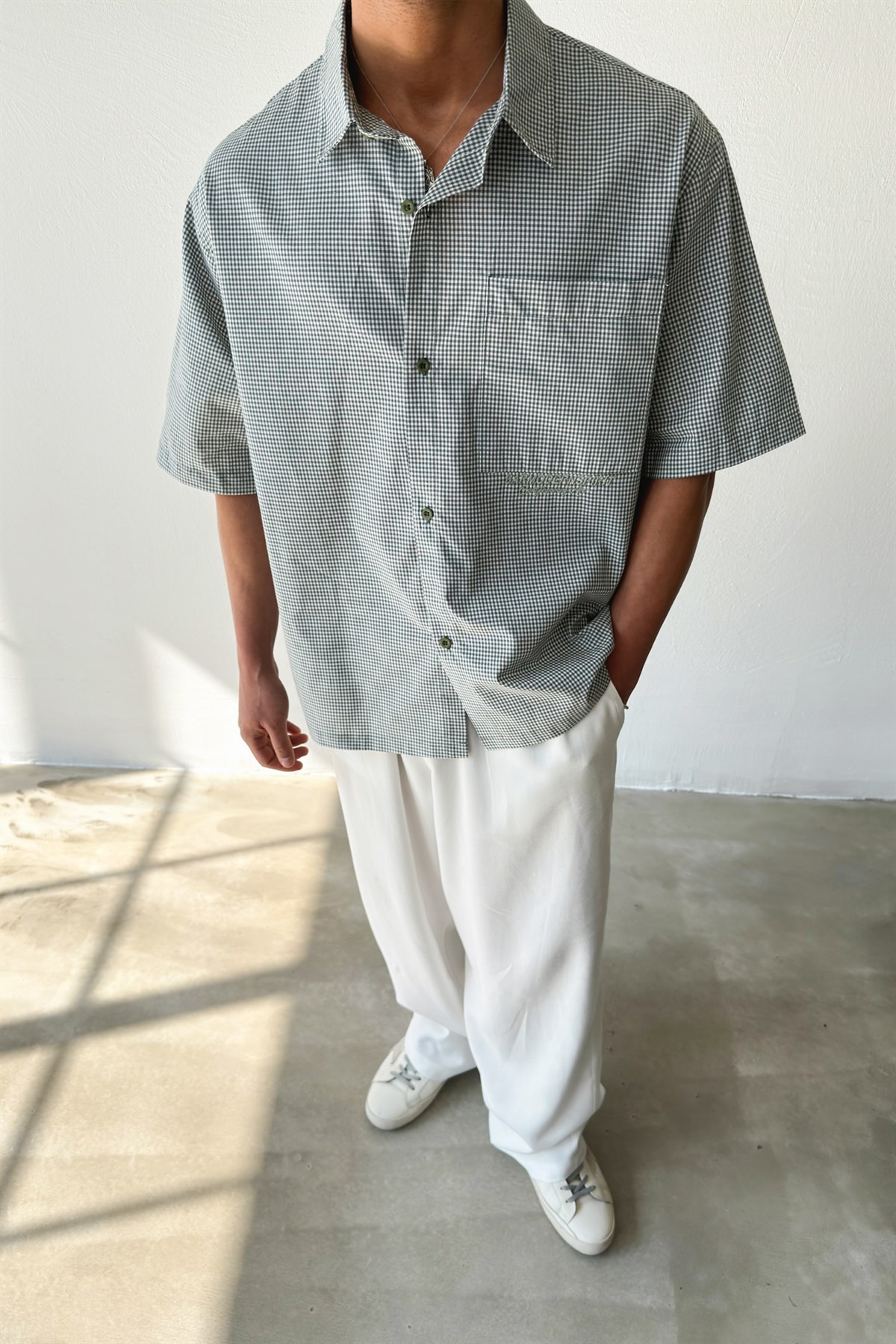 Barmodern Spirit Nakışlı Ekose Yeşil Poplin Oversize Gömlek