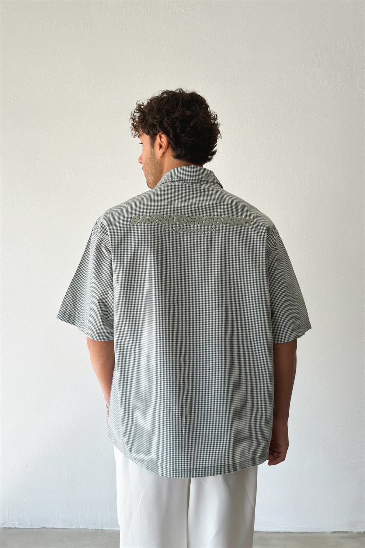 Barmodern Spirit Nakışlı Ekose Yeşil Poplin Oversize Gömlek
