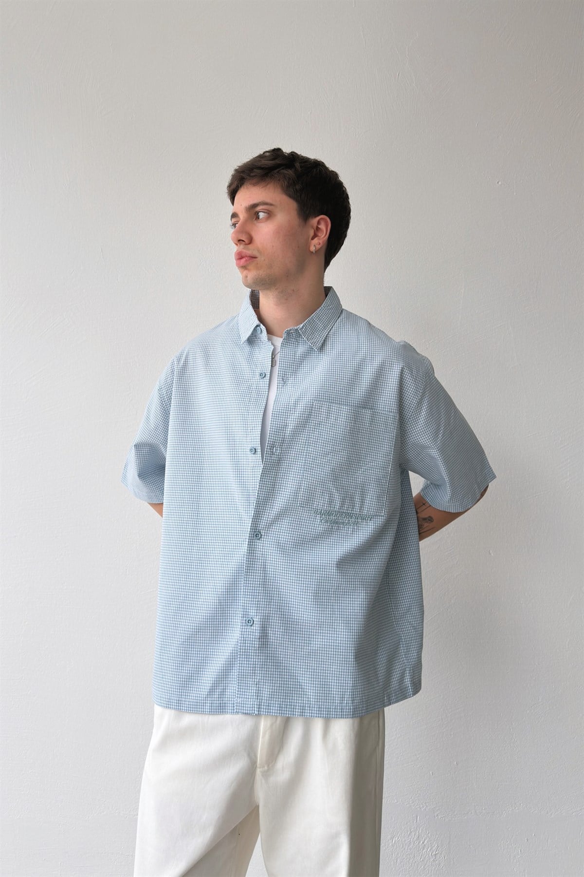 Barmodern Spirit Nakışlı Ekose Oversize Mavi Poplin Gömlek