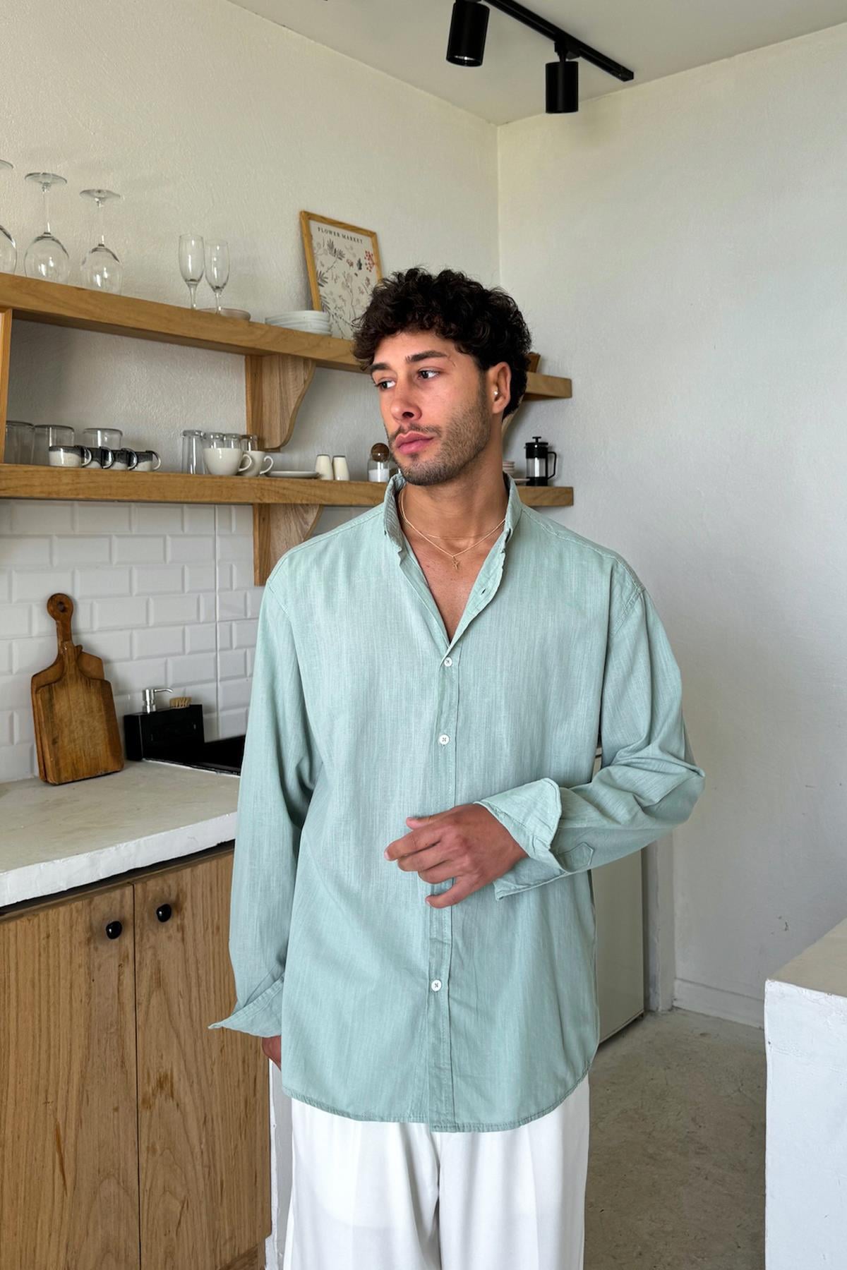 Basic Açık Keten Gömlek Açık Haki