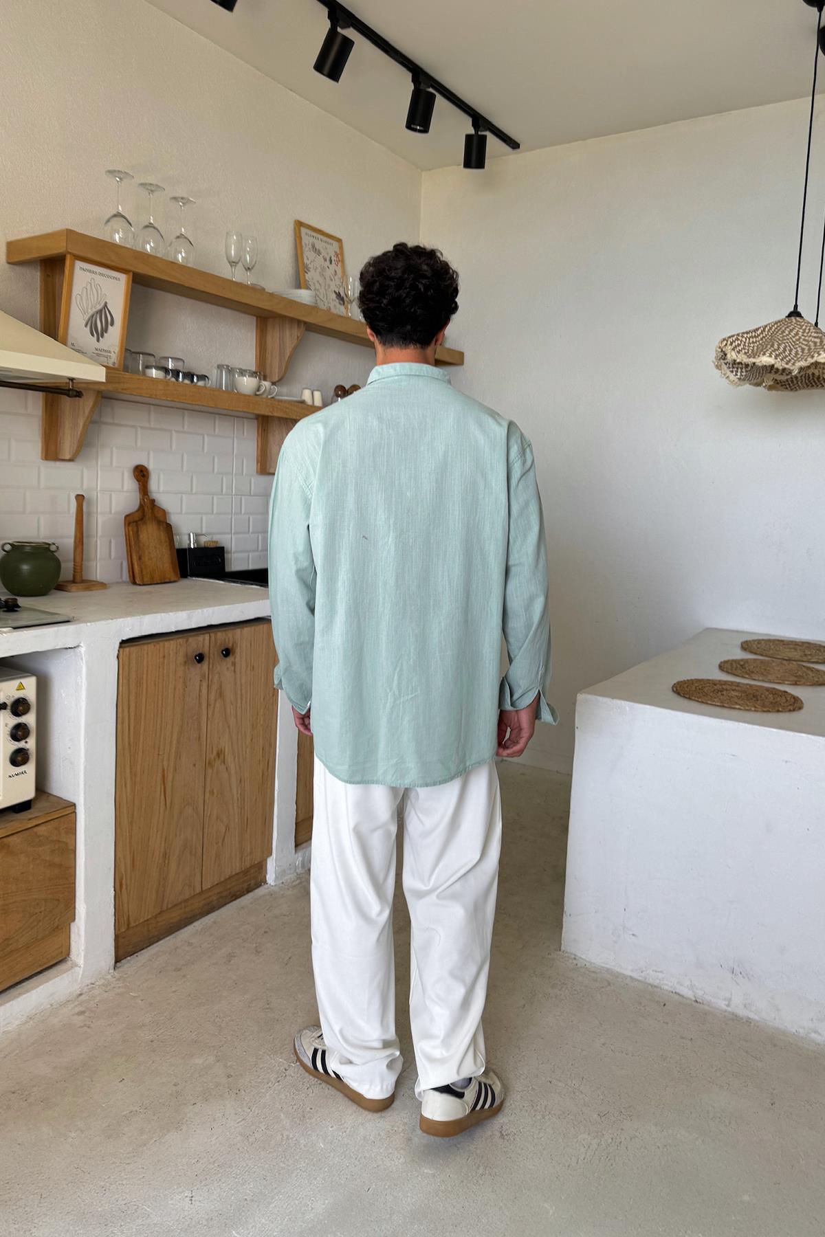 Basic Açık Keten Gömlek Açık Haki