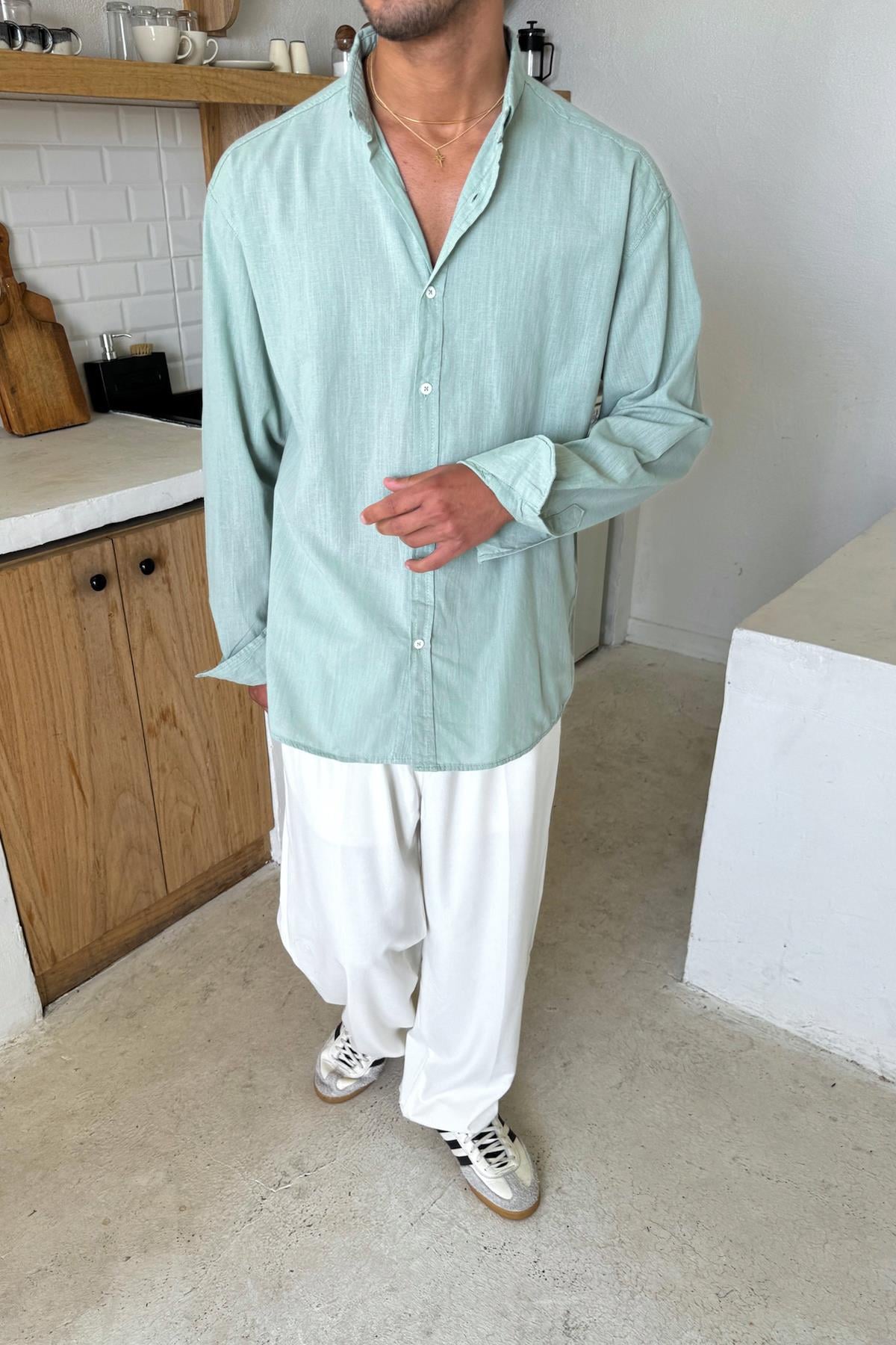 Basic Açık Keten Gömlek Açık Haki