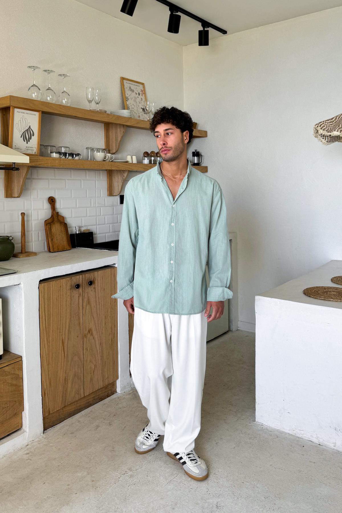 Basic Açık Keten Gömlek Açık Haki