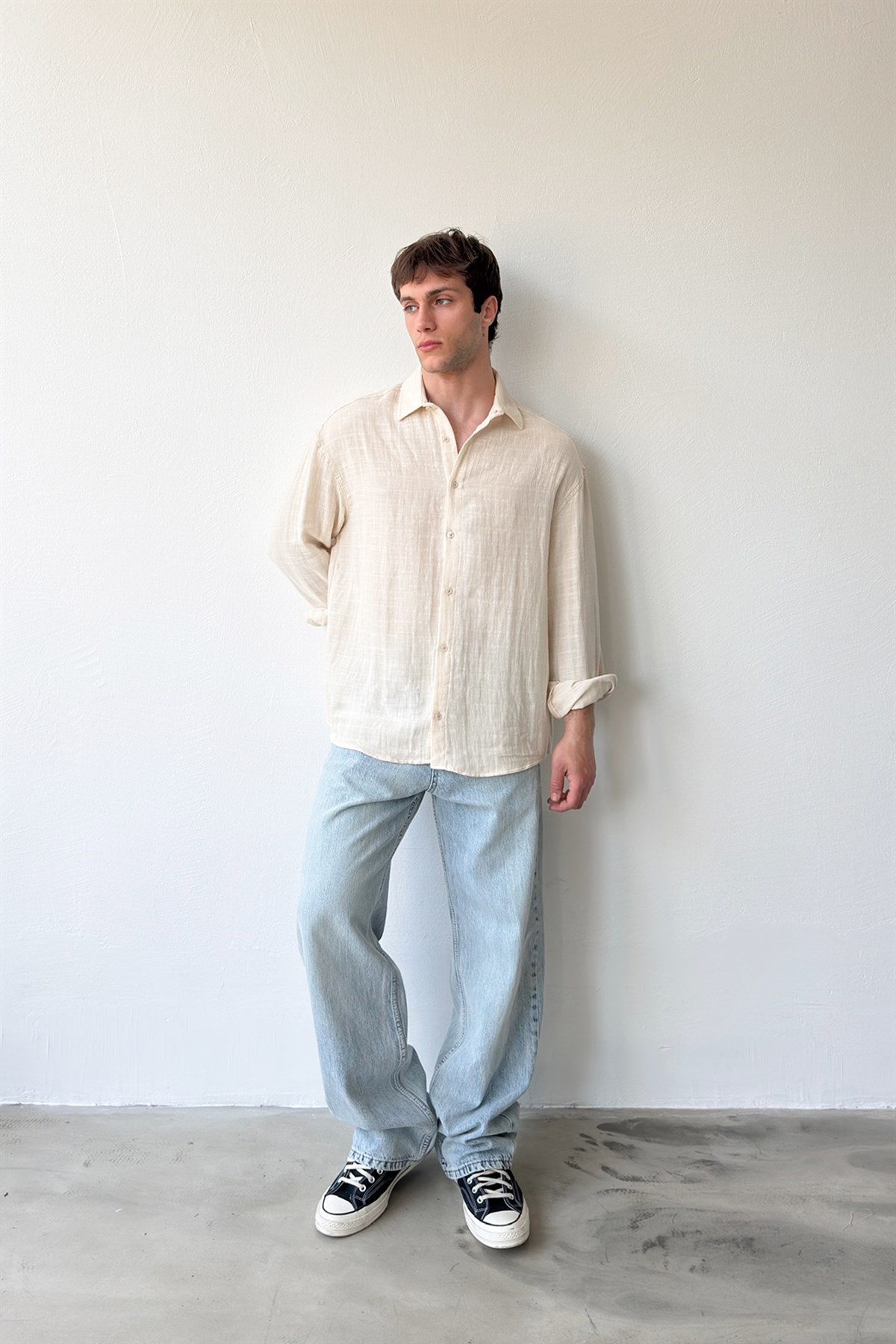 Basic Bej Pamuklu Keten Oversize Gömlek