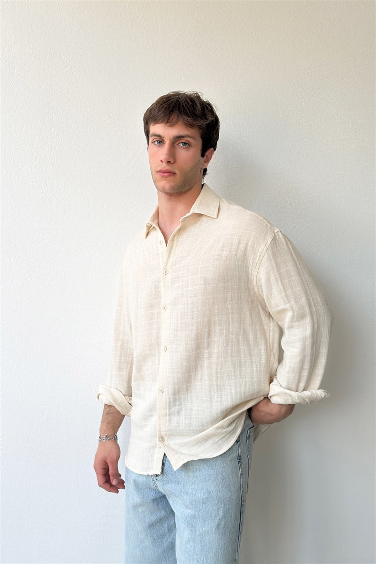 Basic Bej Pamuklu Keten Oversize Gömlek