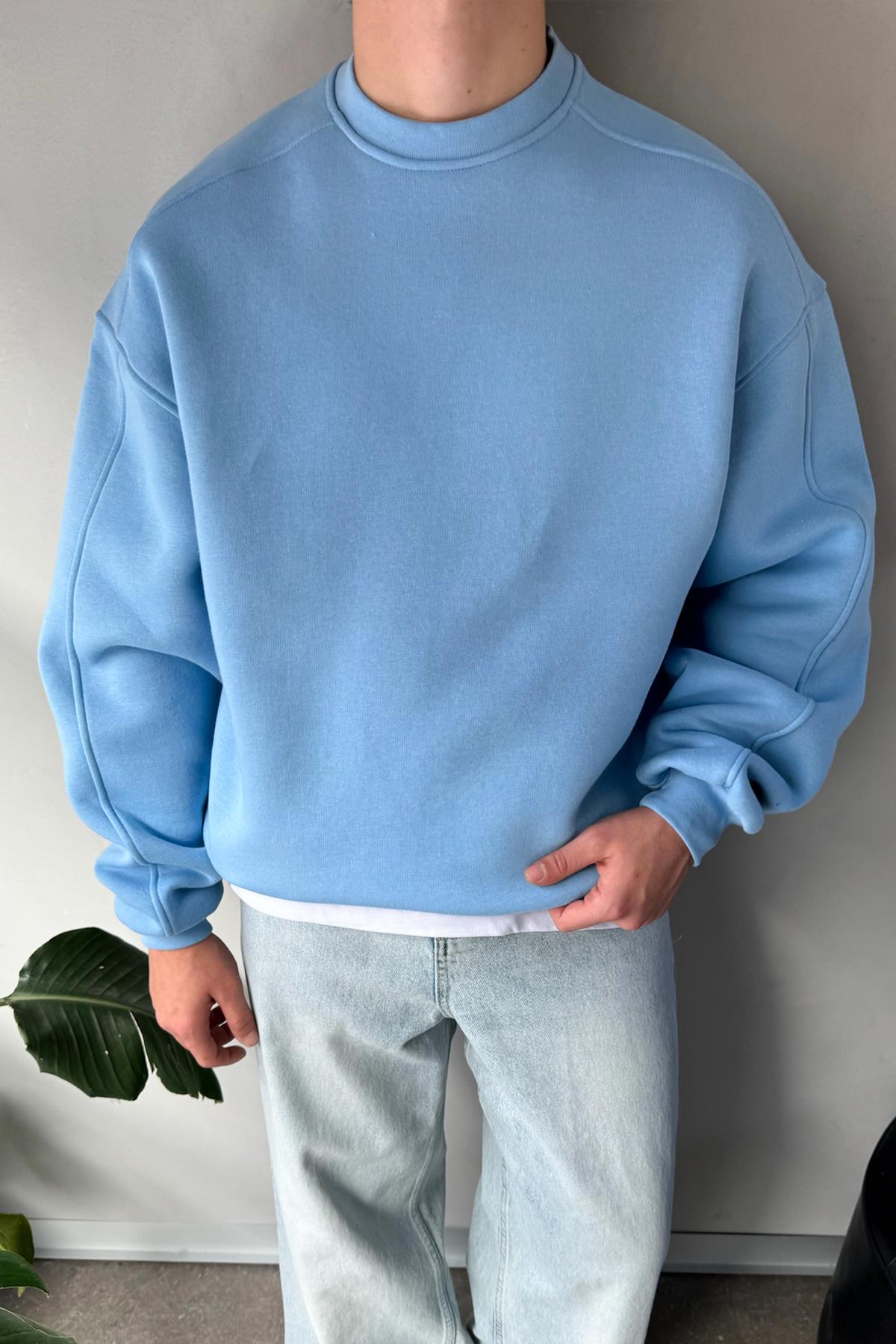 Basic Bisiklet Yaka Mavi Sweatshirt