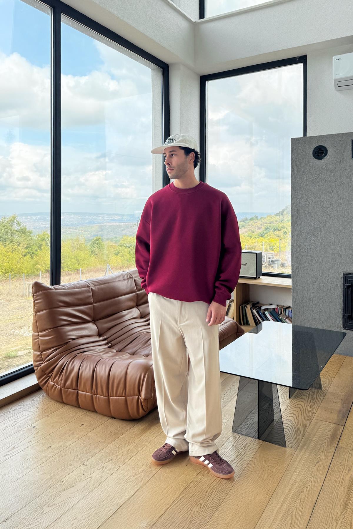 Basic Bisiklet Yaka Sweatshirt Bordo