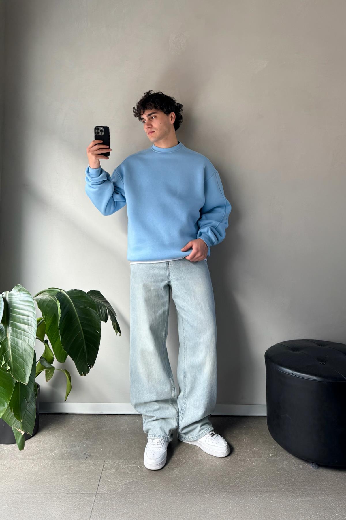 Basic Bisiklet Yaka Mavi Sweatshirt