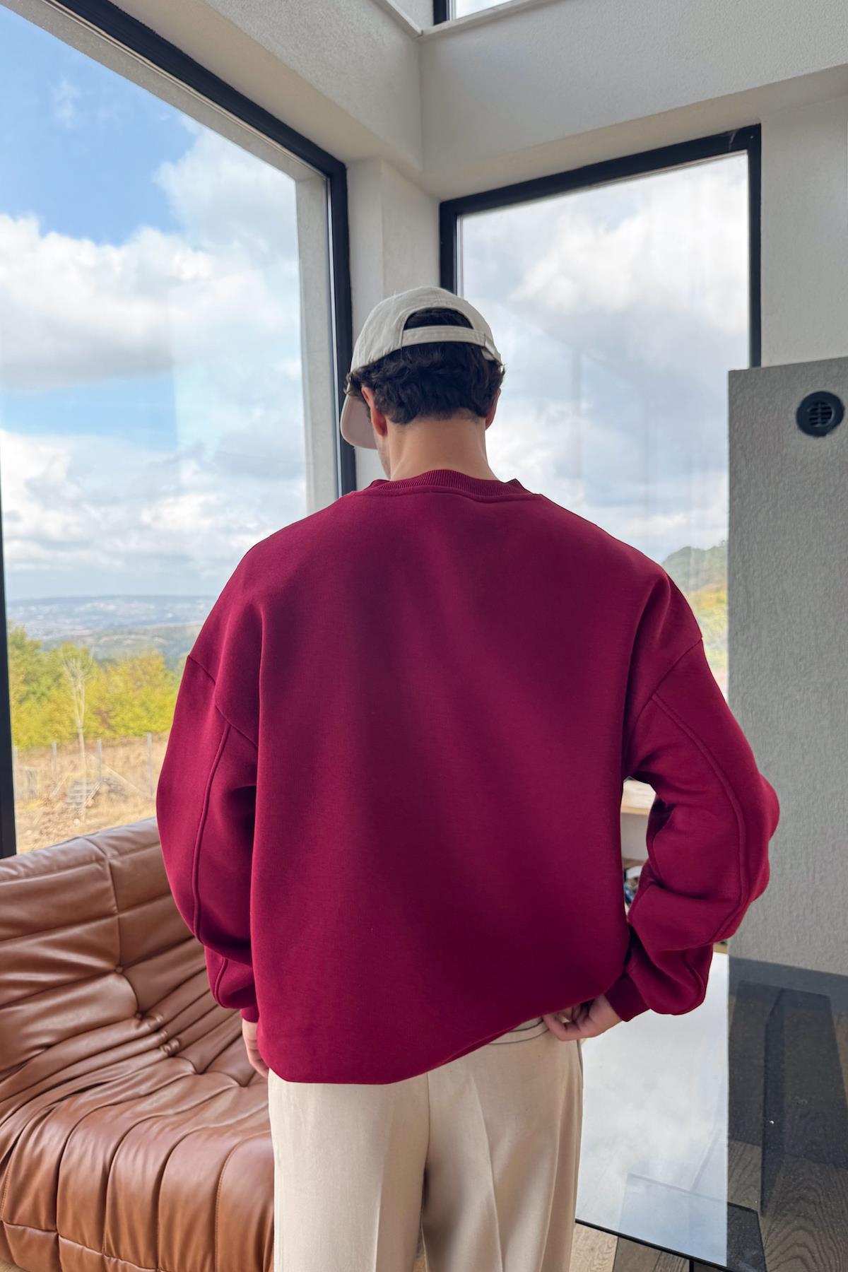 Basic Bisiklet Yaka Sweatshirt Bordo