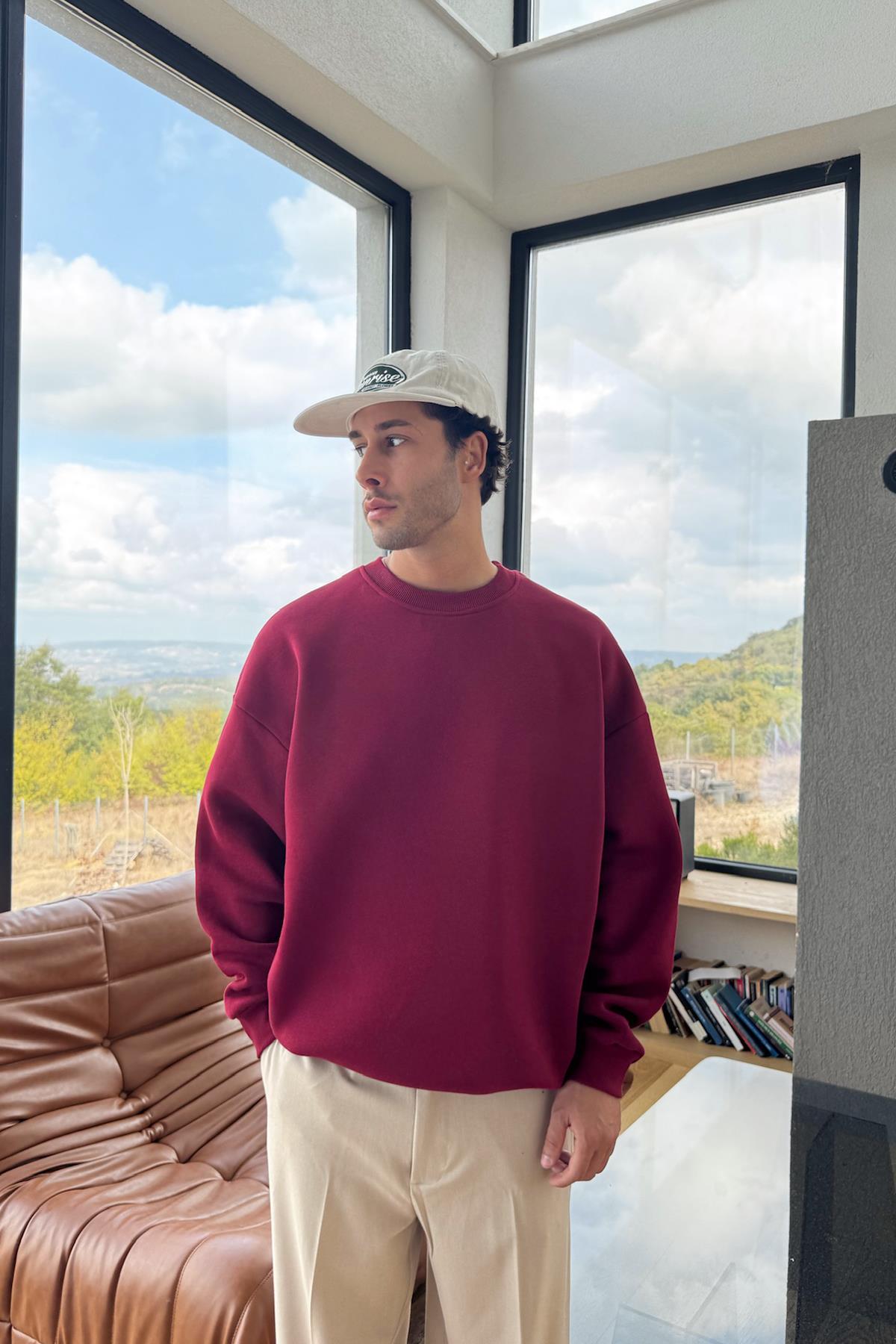 Basic Bisiklet Yaka Sweatshirt Bordo