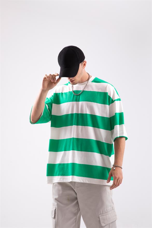 Basic Çizgili Yeşil Oversize Tişört