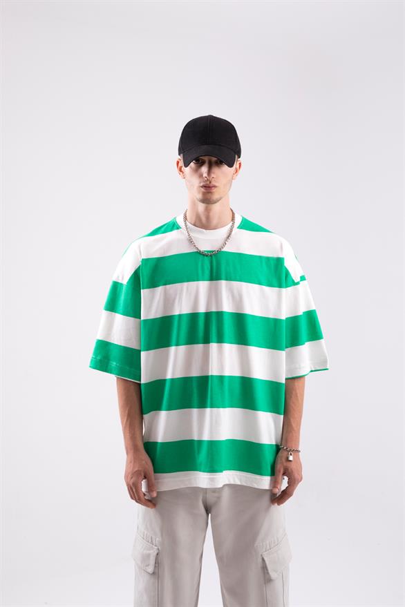 Basic Çizgili Yeşil Oversize Tshirt