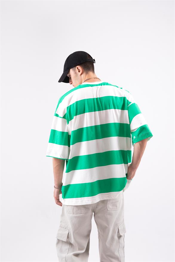 Basic Çizgili Yeşil Oversize Tişört