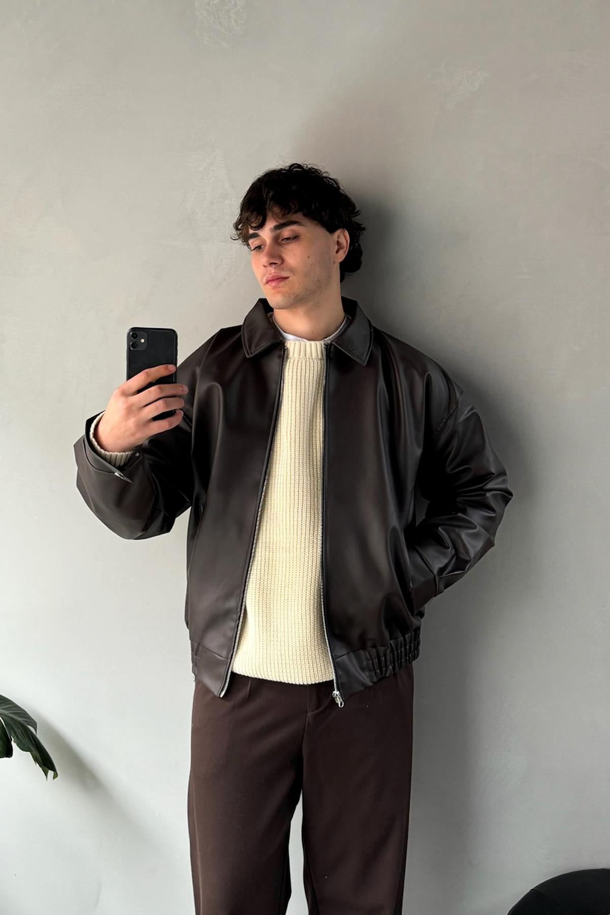 Basic Deri Kahverengi Oversize Ceket