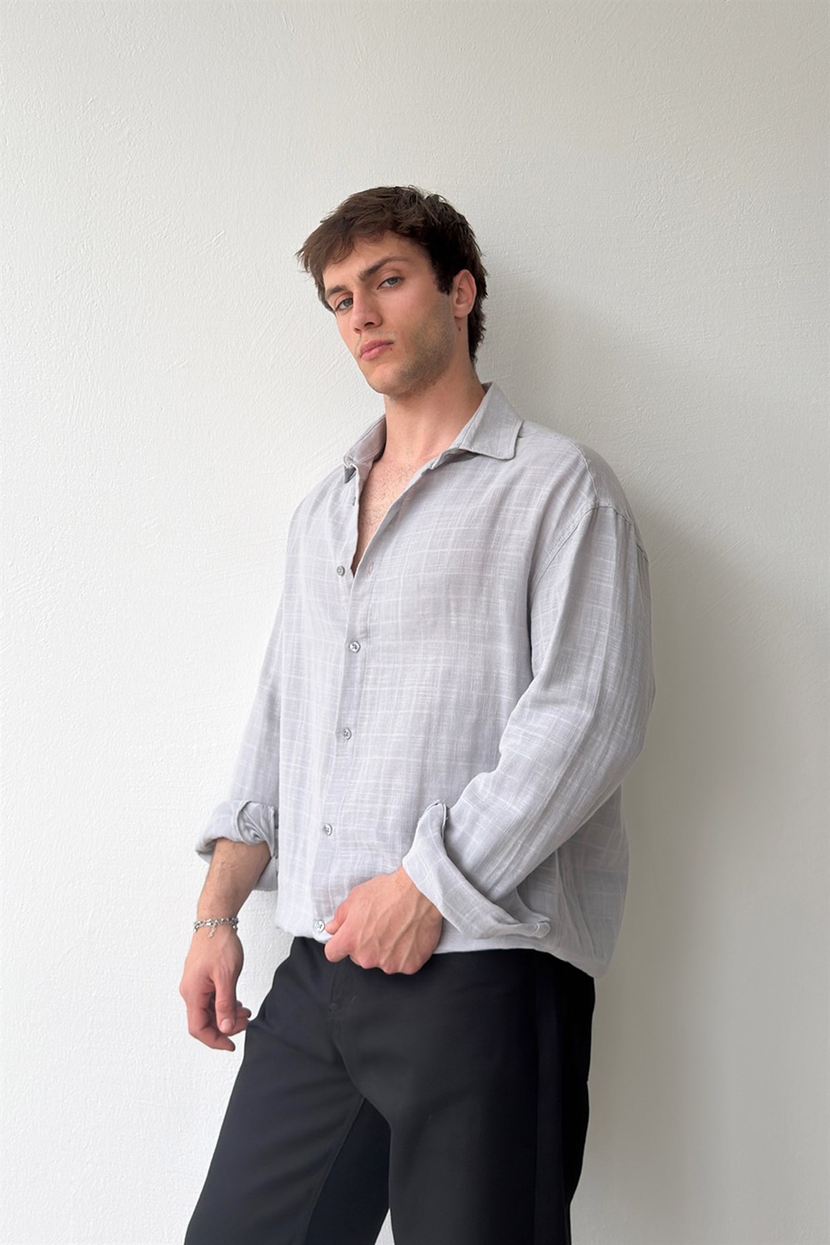 Basic Gri Pamuklu Keten Oversize Gömlek