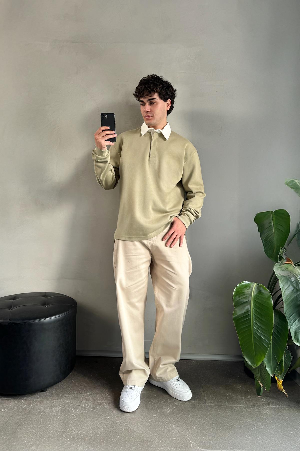 Flaw Atelier Basic Haki Polo Yaka Uzun Kol Tişört