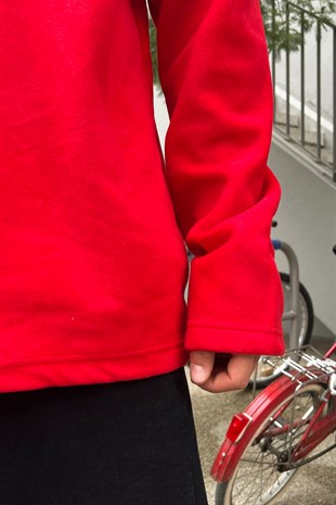 Basic Half-Zip Kırmızı İçi Pamuklu Polar Sweatshirt