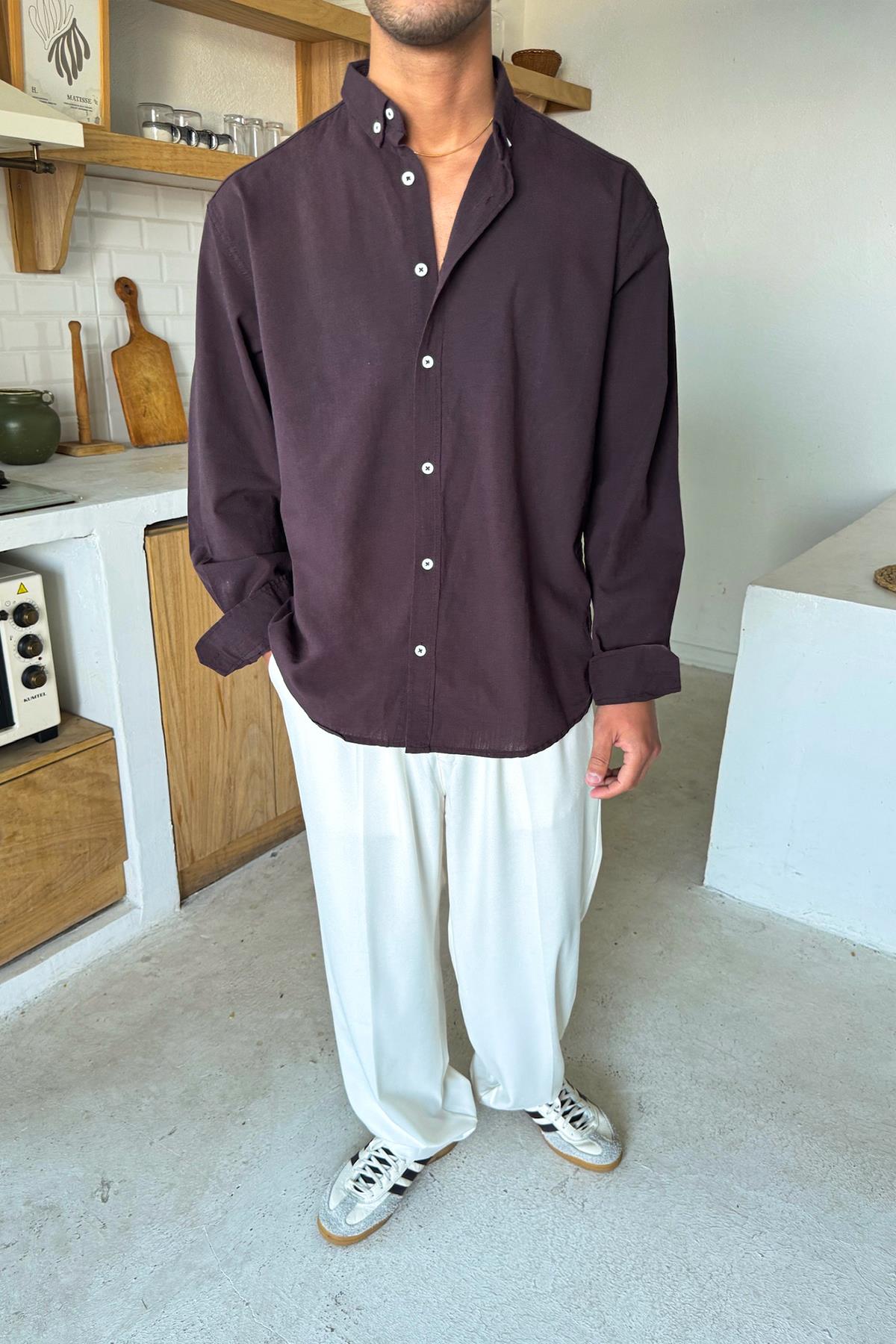 Basic Keten Gömlek Kahverengi