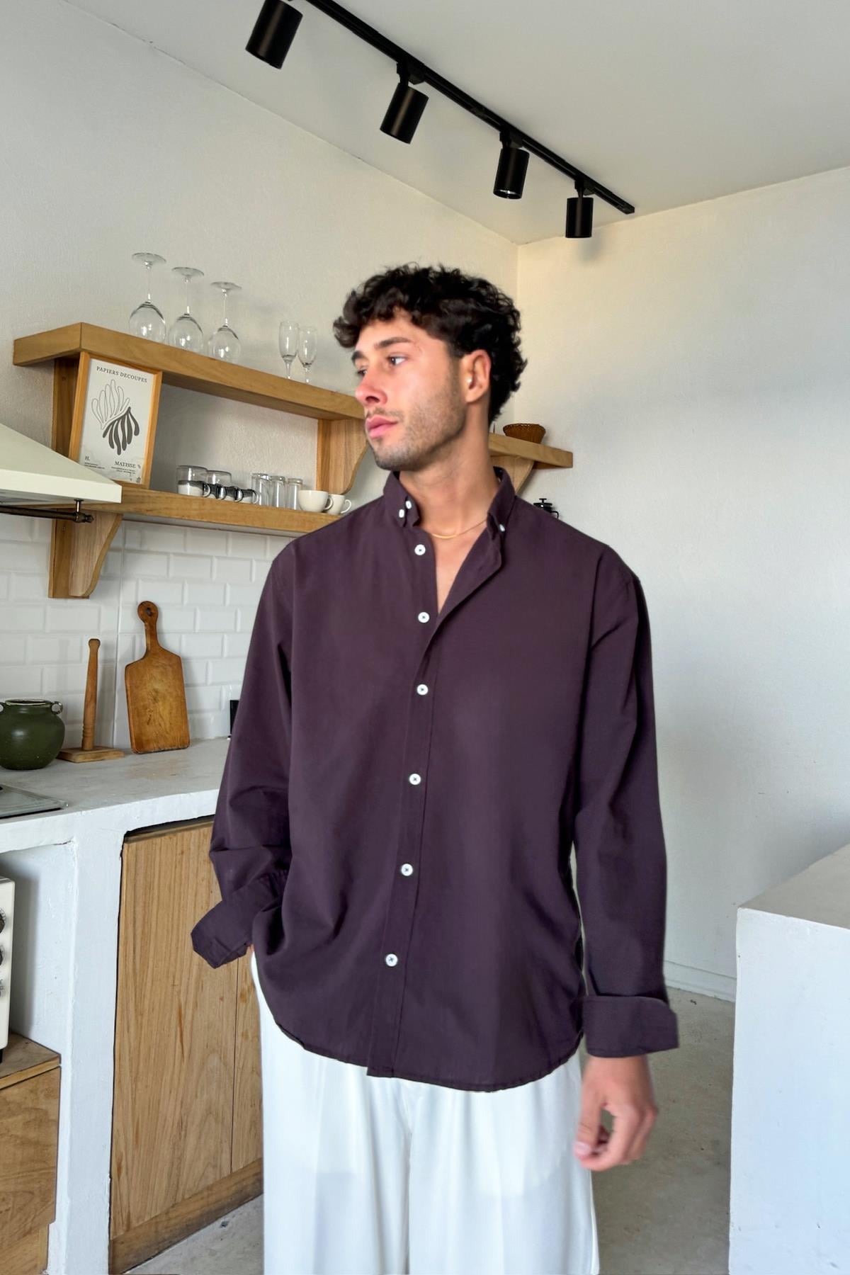 Basic Keten Gömlek Kahverengi