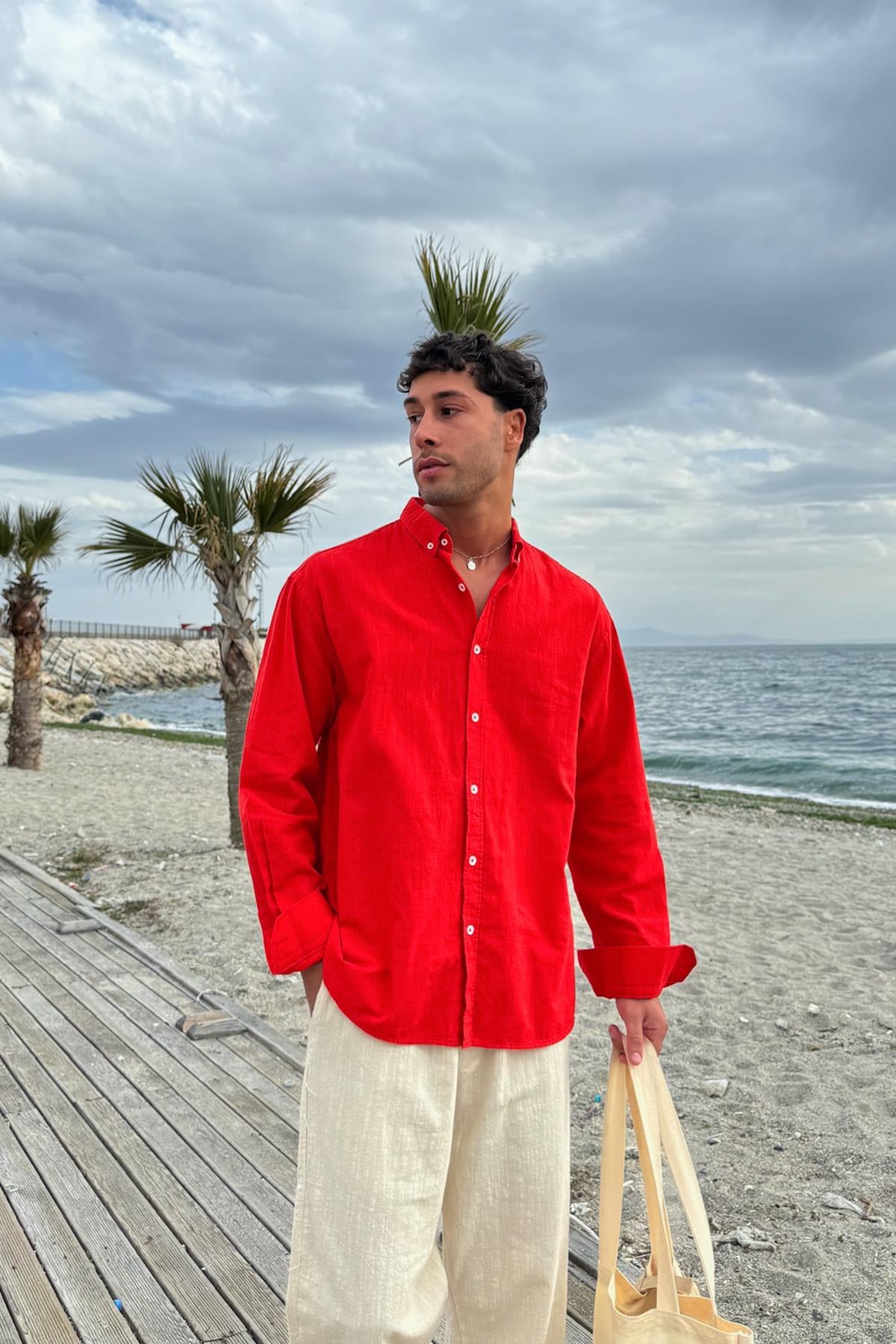 Basic Keten Gömlek Kırmızı