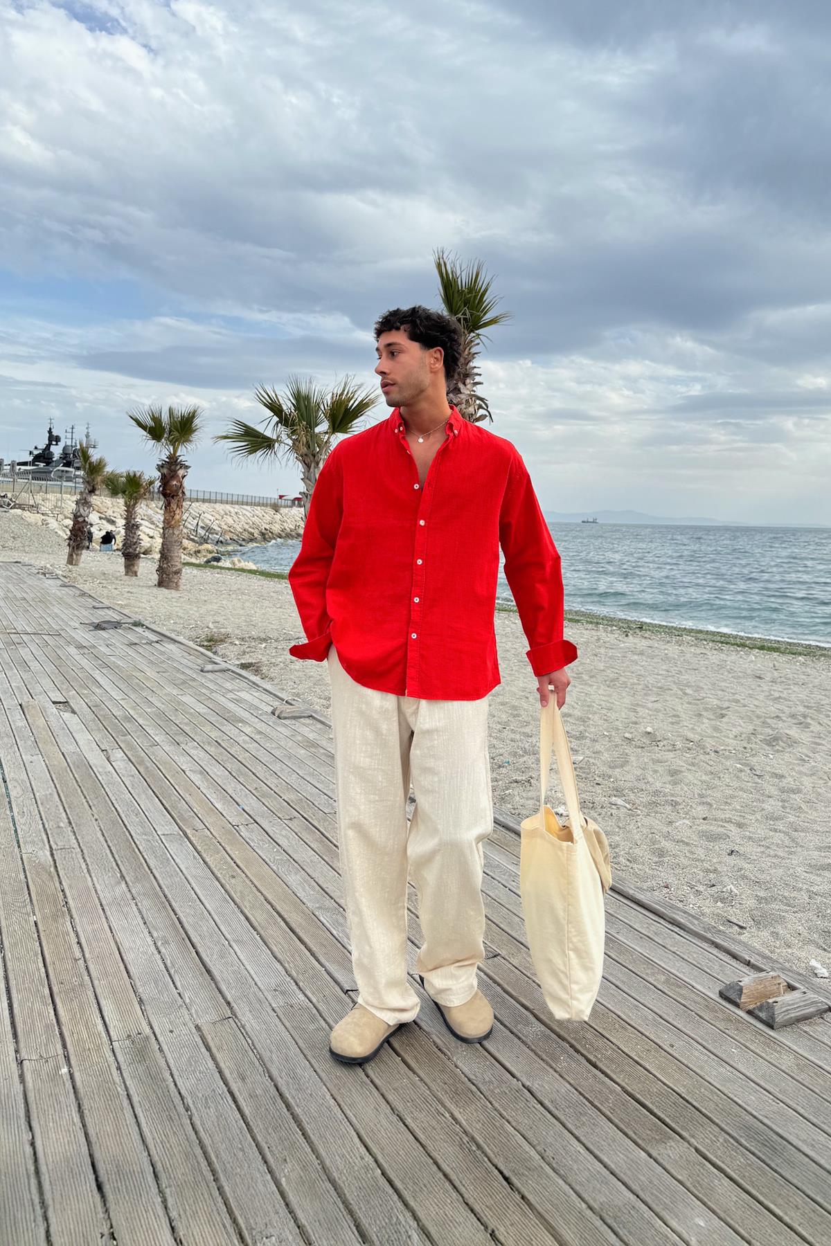 Basic Keten Gömlek Kırmızı