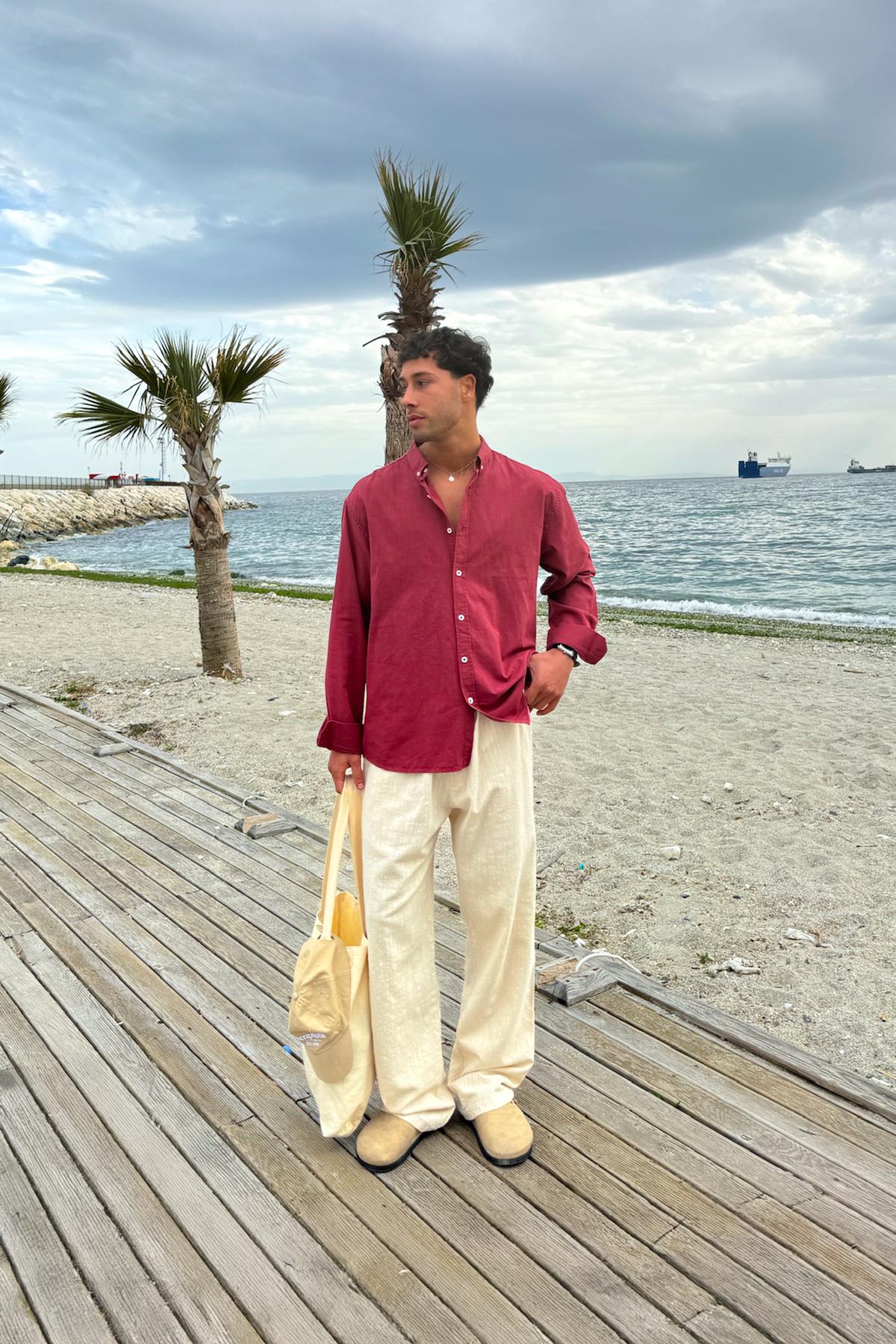 Basic Keten Gömlek Bordo