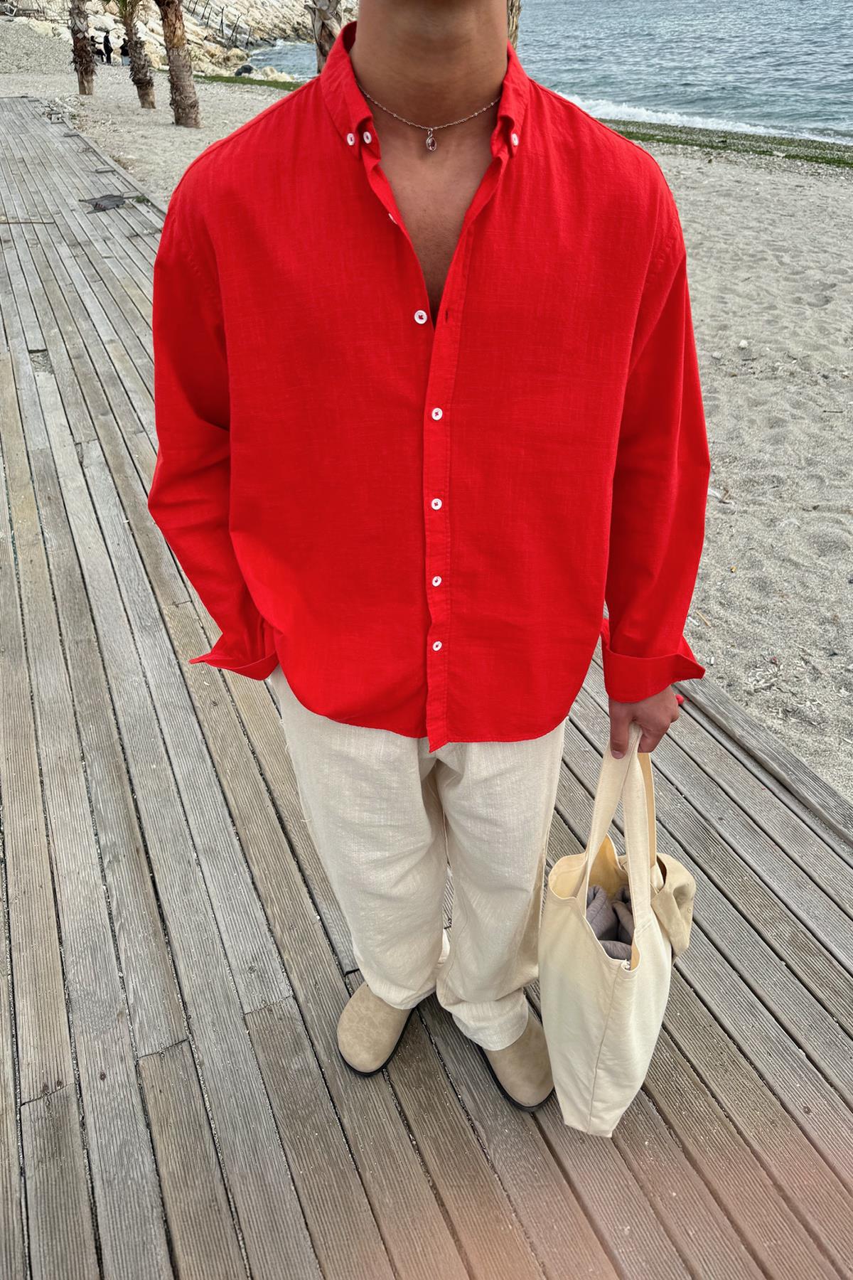 Basic Keten Gömlek Kırmızı