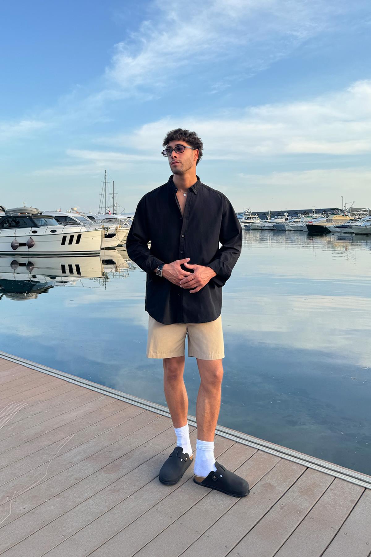 Basic Keten Gömlek Siyah