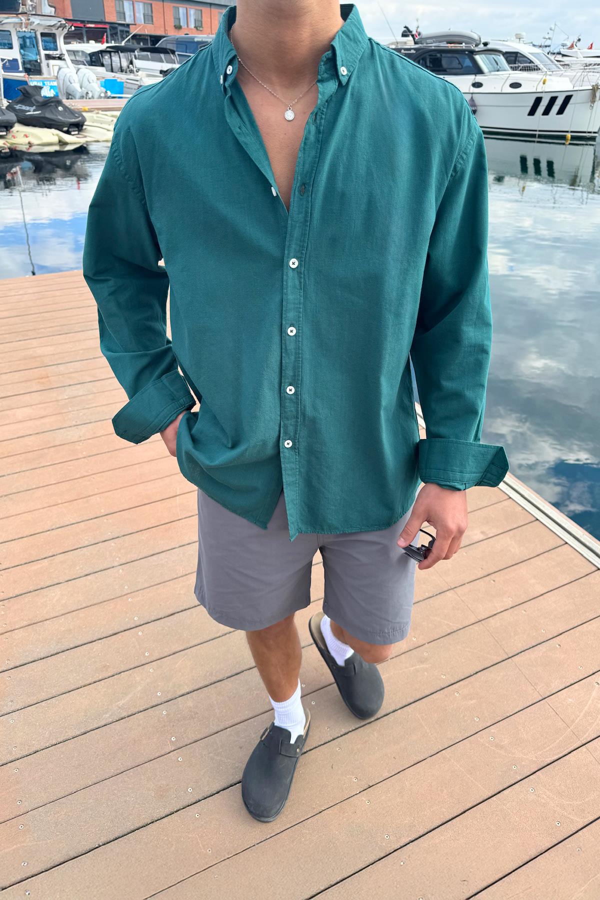 Basic Keten Yeşil Gömlek Yeşil