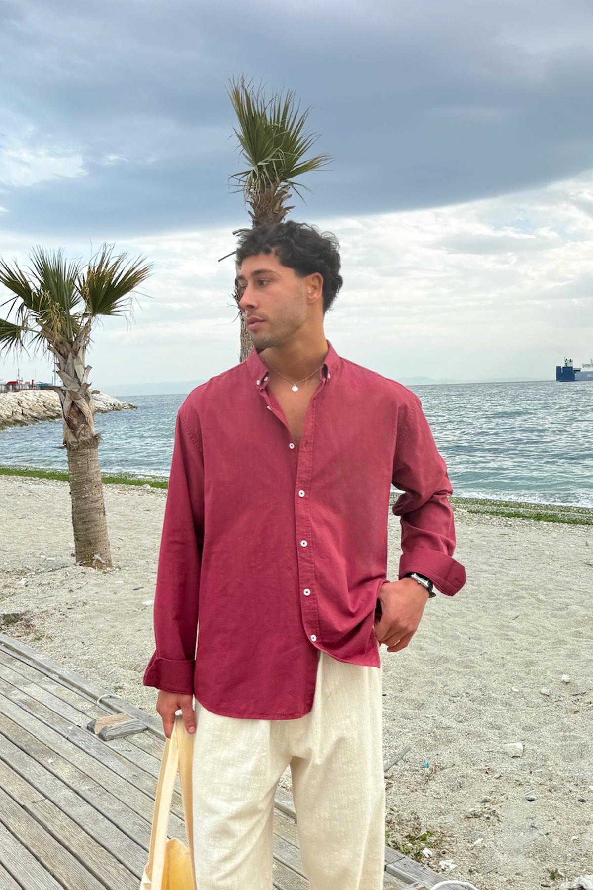 Basic Keten Gömlek Bordo