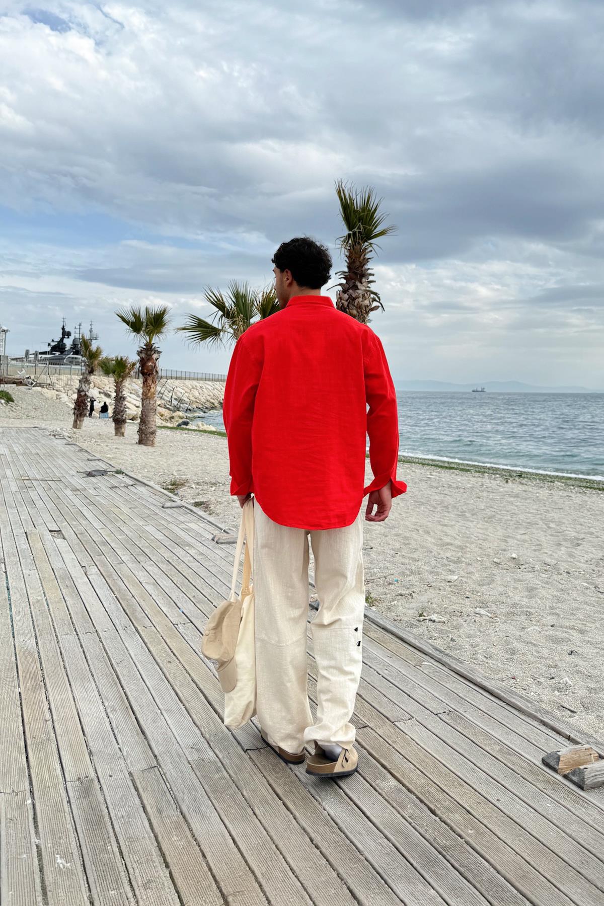 Basic Keten Gömlek Kırmızı