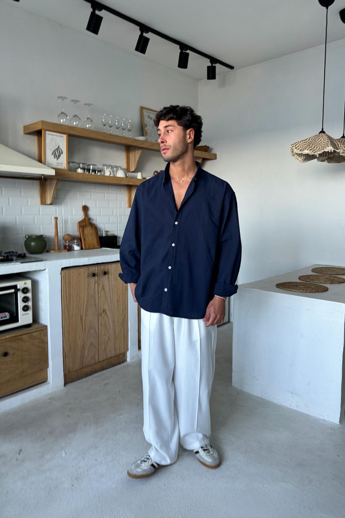 Basic Keten Gömlek Lacivert