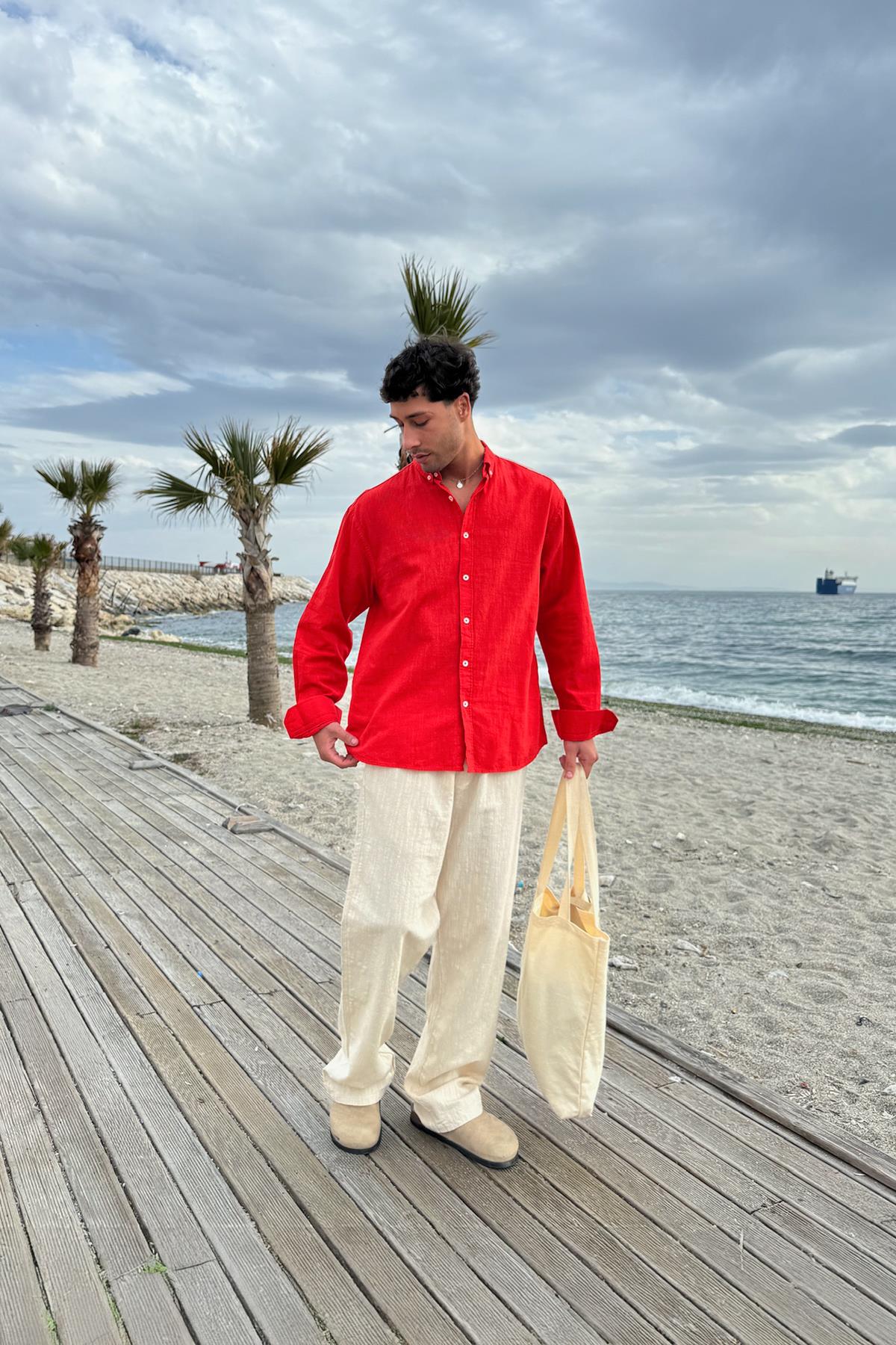 Basic Keten Gömlek Kırmızı