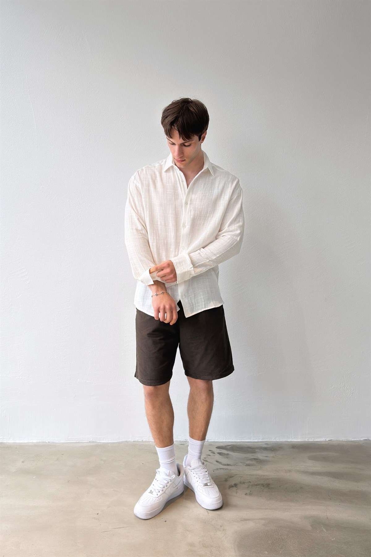 Basic Ekru Pamuklu Keten Oversize Gömlek