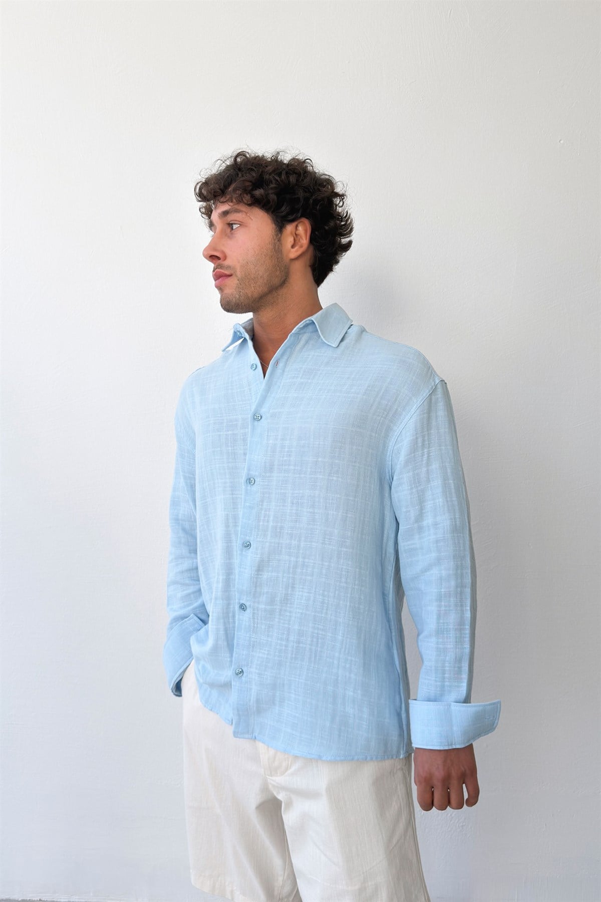 Basic Mavi Pamuklu Keten Oversize Gömlek