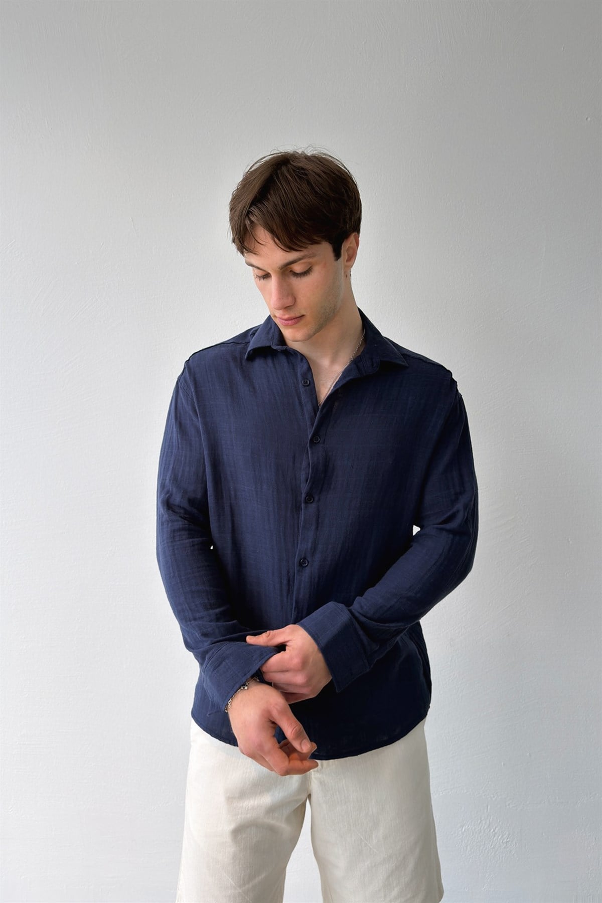 Basic Lacivert Pamuklu Keten Oversize Gömlek