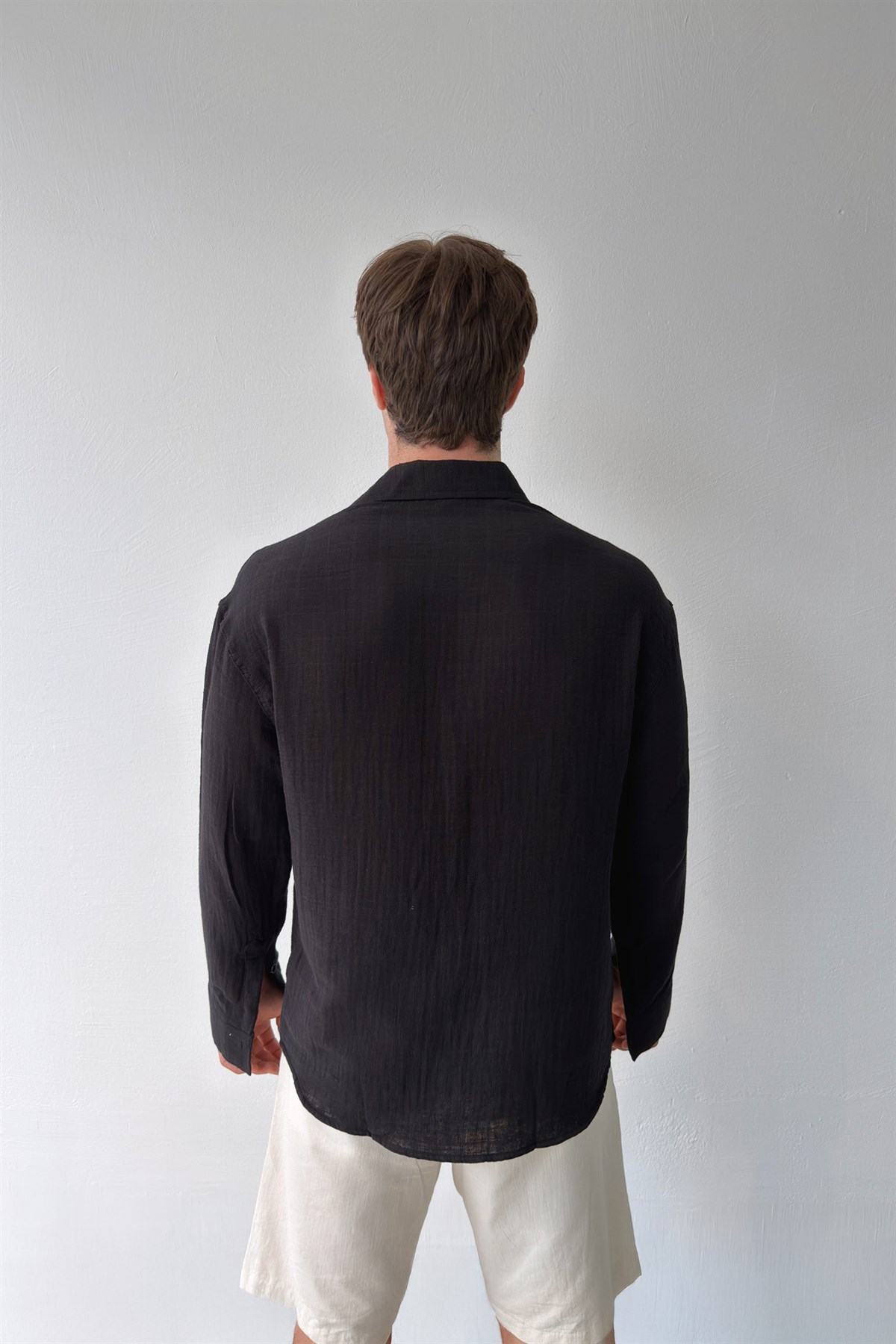Basic Siyah Pamuklu Keten Oversize Gömlek