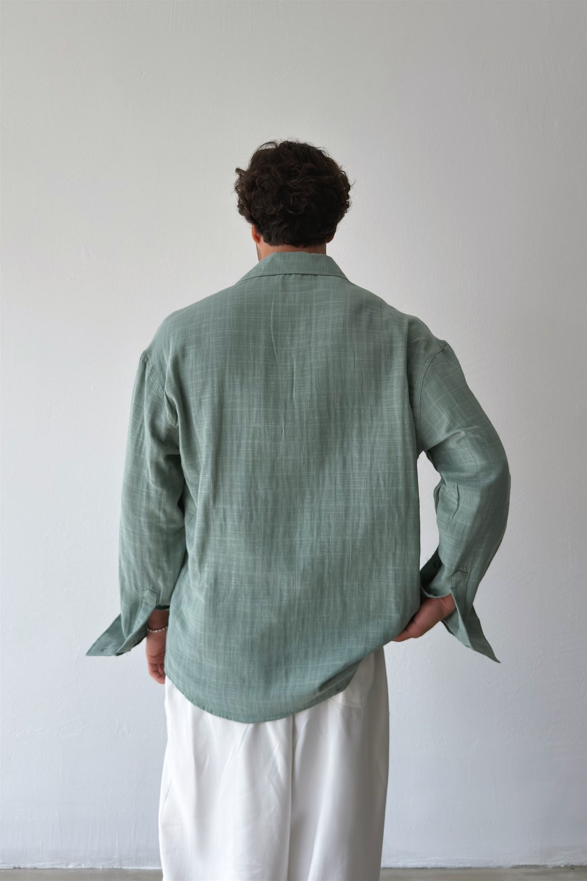 Basic Haki Pamuklu Keten Oversize Gömlek