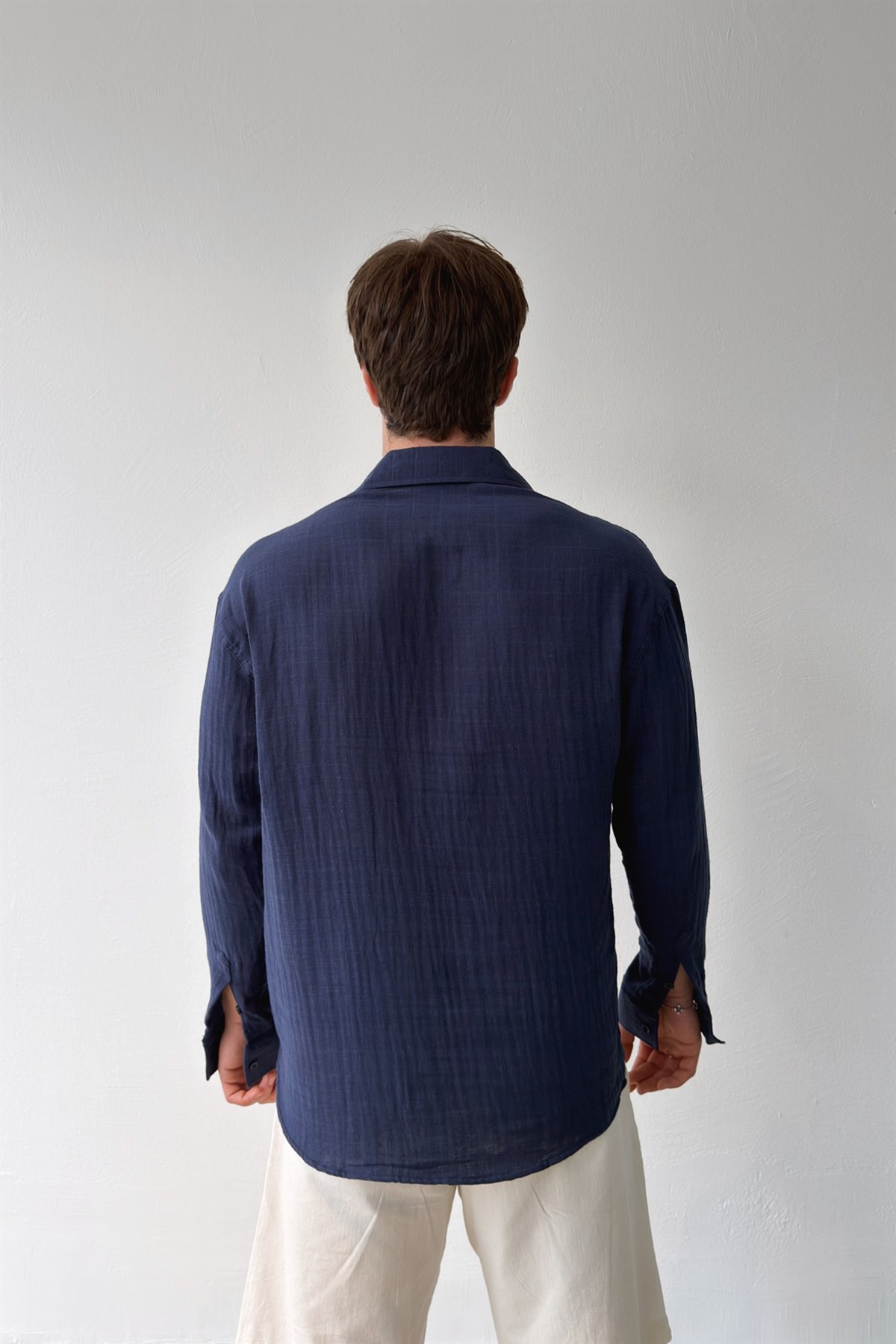 Basic Lacivert Pamuklu Keten Oversize Gömlek
